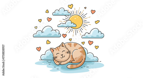 A cute sleepy kitten napping peacefully on soft clouds under a warm sunny sky with hearts.