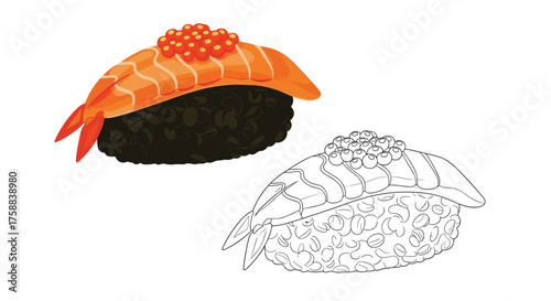 Salmon nigiri sushi with tobiko topping and a sketched version for coloring.