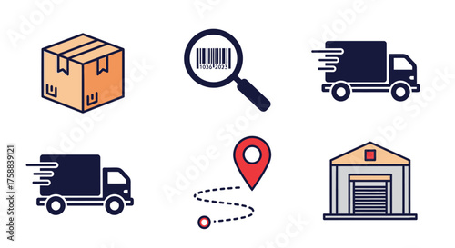 Icons for logistics box, barcode search, delivery trucks, map pin, warehouse