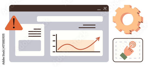 Data dashboard featuring a growth chart, alert sign, gear for settings, and clickable button. Ideal for analytics, UIUX, monitoring, optimization troubleshooting development and performance. A