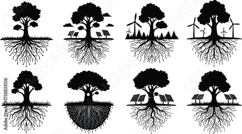 Abstract renewable energy tree illustration, solar panel roots, wind turbine design, eco tech artwork, innovation growth, modern sustainability, futuristic nature concept