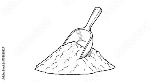 A metal scoop is resting in a pile of powder.