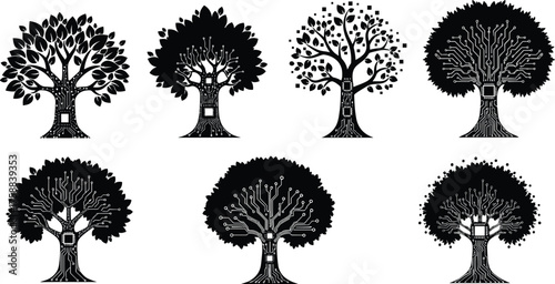 Abstract technology tree illustration, circuit trunk branches, digital canopy design, eco tech artwork, innovation growth, modern sustainability, futuristic organic concept