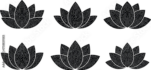 Abstract lotus flower illustration, digital circuit petals, eco tech artwork, innovation growth, modern sustainability design, futuristic floral concept, technology nature