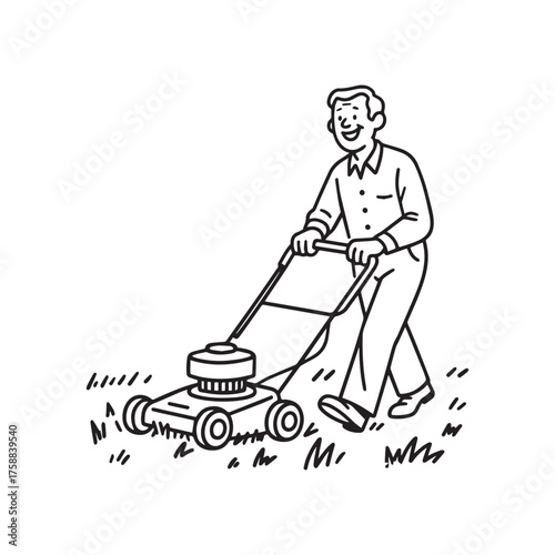 Cheerful Grandfather Mowing Lawn with Push Mower Black and White Line Art Design.