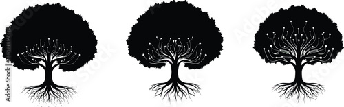 Abstract technology tree illustration, network canopy design, digital node branches, eco tech artwork, innovation growth, modern sustainability, futuristic organic concept