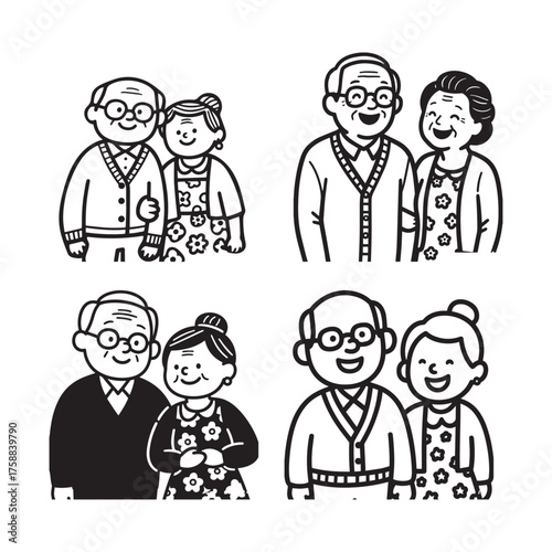  Cheerful Grandparents Standing Together Simple Bold Line Art Coloring Page Design.