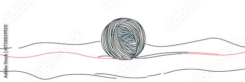 Minimalist continuous line art vector illustration of ball of yarn with flowing thread in black and soft blue on white background