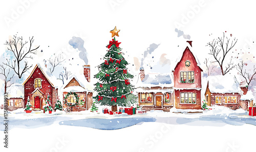 Winter village scene watercolor painting with snow-covered houses, decorated Christmas tree, holiday gifts, and festive cozy atmosphere in minimalist style