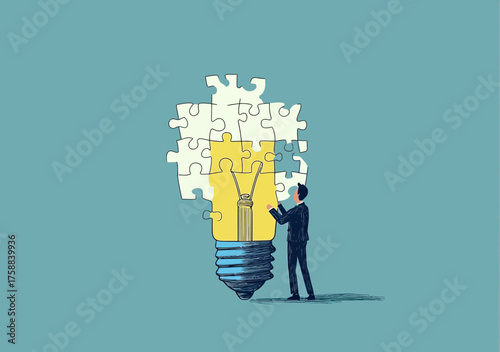 Businessman assembling jigsaw puzzle pieces forming lightbulb shape representing creative solution and innovative idea concept with blue background vector illustration