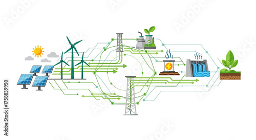 Renewable energy sources connect to power grid with green lines