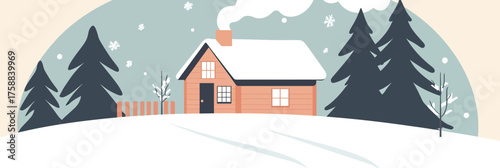Minimalist vector illustration of cozy winter cabin with smoke from chimney surrounded by pine trees and snow landscape in flat style