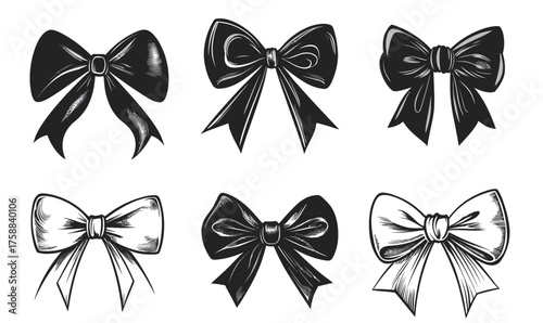 Set of six black and white vintage hand-drawn bows and ribbons with various shapes and styles isolated on white background flat vector illustration
