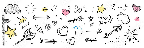 Hand drawn doodle set of cute stars, arrows, hearts, clouds, and decorative scribbles with minimalist sketch style and soft pastel highlights vector illustration elements