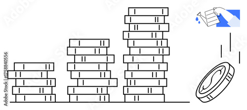 Growing coin stacks symbolize financial progress. Falling coin and leaking hand show loss themes. Ideal for savings, investment, progress, wealth, budget, strategy, simple flat metaphor