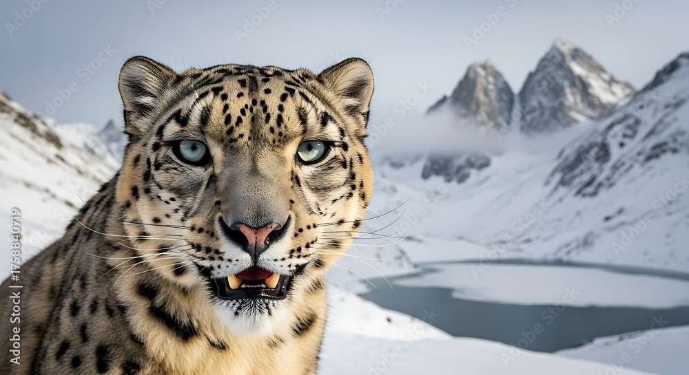 Obraz premium A snow leopard stares intently into the camera, surrounded by a breathtaking winter landscape of snow-capped mountains and a tranquil lake.