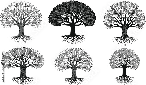 Black technology tree illustration, digital microchip foliage, futuristic eco design, innovation growth, artificial intelligence nature, modern sustainability artwork, electronic ecosystem concept
