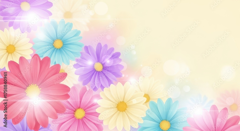 Fototapeta premium Colorful Daisy Flowers Background with Beautiful Bokeh Lights and Copy Space