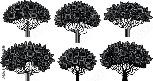 Futuristic technology tree illustration, circuit chip branches, eco digital growth, innovation concept, artificial intelligence nature, modern sustainability design, electronic ecosystem artwork
