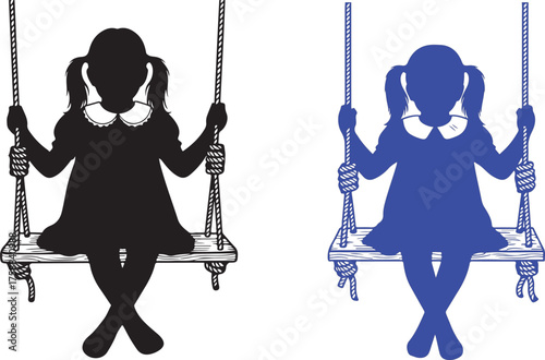 Silhouette and outline of young girl enjoying a playful swing childhood innocence vibrant fun vector