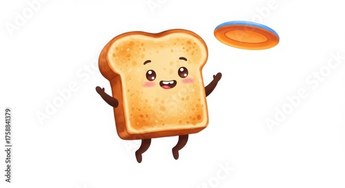 a cute cartoon toast character catching frisbee in a whimsical hyper-realistic watercolor style illustration for decoration