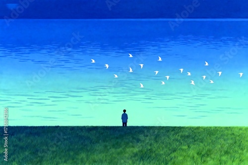 Person standing on grass watching birds over water