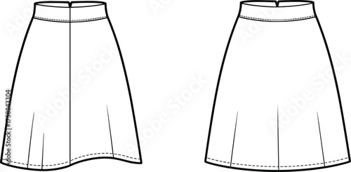 A-line skirt fashion flat, technical drawing of flared skirt front and back view, apparel design template for sewing and garment illustration
