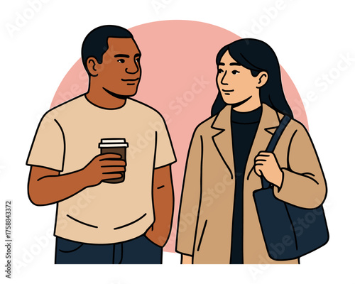 Casual conversation between a Black man and an Asian woman, coffee break, modern lifestyle, friends chatting, everyday moments