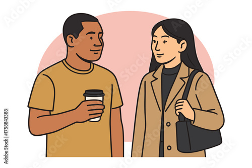 Casual conversation between a Black man and an Asian woman with coffee, modern social interaction, friendly talk, urban lifestyle