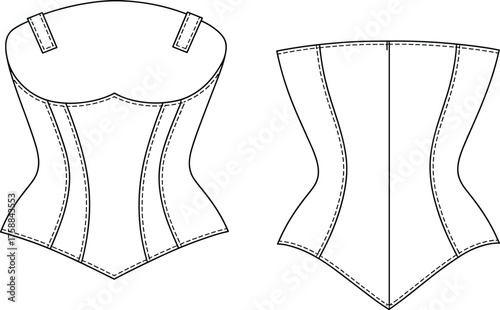 Corset fashion illustration, front and back view, sweetheart neckline, shoulder straps, structured panel design, garment construction, vector sketch, apparel template