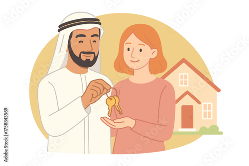 Arab man handing house keys to European woman, real estate deal, homeownership, property purchase, new home