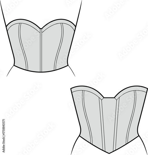 Corset fashion illustration, front and back view, sweetheart neckline, structured panel design, garment construction, vector template, technical drawing, apparel sketch