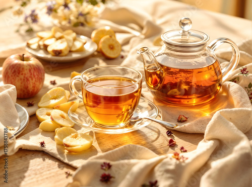 Elegant tea time with sliced apples and macarons in bright sunlight