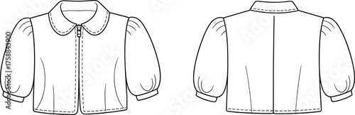 Fashion technical illustration, cropped blouse front and back view, puff sleeves, Peter Pan collar, zipper closure, garment construction, vector template, structured silhouette