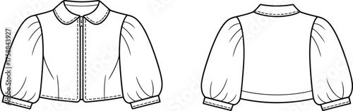 Fashion technical illustration, cropped jacket front and back view, puff sleeves, Peter Pan collar, garment construction, vector template, structured silhouette, apparel sketch