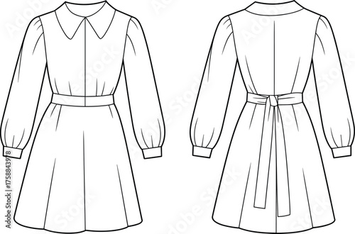 Fashion technical illustration, dress front and back view, puff sleeve, pointed collar, belted waist, flared skirt, garment construction, vector template, structured silhouette