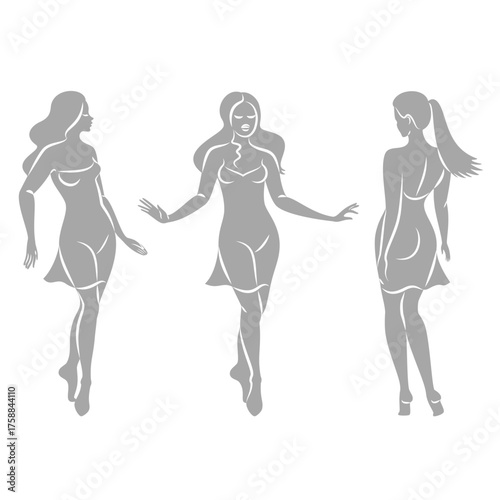 Collection. Silhouette of a woman in style. The girl is slim and beautiful. Lady suitable for aesthetic decor, posters, stickers, logo. Vector illustration set.