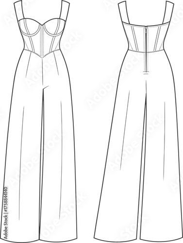 Fashion technical illustration, jumpsuit front and back view, sweetheart neckline, wide straps, wide-leg pants, corset bodice, garment construction, vector template, structured silhouette