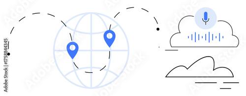 Globe with location markers and connection lines, cloud icons, and voice recognition visual. Ideal for global connection, cloud storage, remote access, data sharing, technology trends, communication