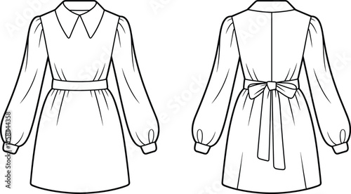 Fashion technical sketch, dress front and back view, puff sleeve, pointed collar, belted waist, bow detail, vector illustration, garment design