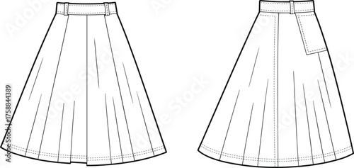 Flared skirt fashion illustration, pleated design, technical flat sketch, front and back view, waistband with belt loops, vector template for designers