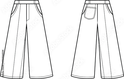 Flat technical fashion sketch of wide leg women pants front and back view, vector template for clothing design, sewing pattern illustration, outline drawing