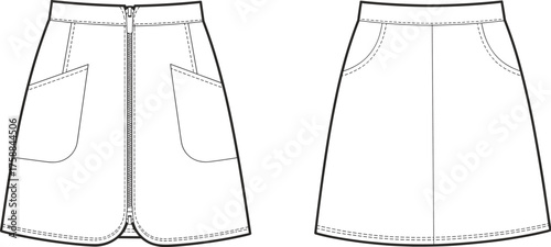Front and back technical fashion sketch of modern skirt design, featuring zipper, patch pockets, topstitching details, clean silhouette, garment construction layout