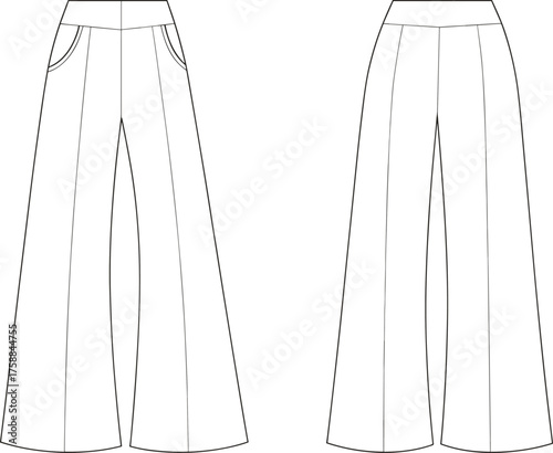 High waist wide leg pants fashion flat sketch, front and back view, vector illustration, technical drawing for women’s clothing, garment template.