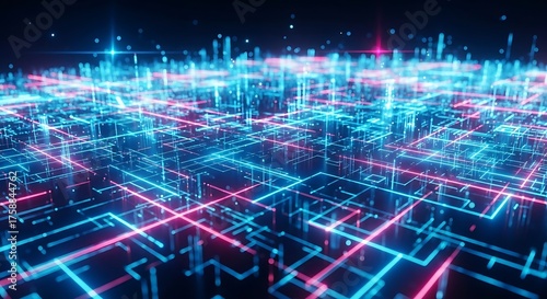 Abstract digital city grid with glowing blue and pink neon lines