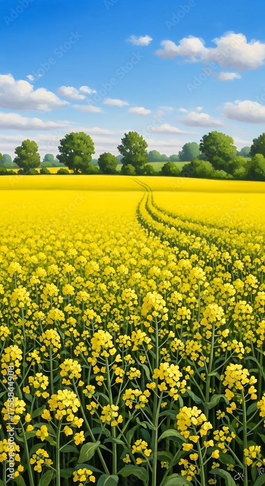 Obraz premium A vibrant landscape showcases a field of bright yellow flowers, with a winding pathway leading through the blossoms under a clear blue sky filled with fluffy clouds.