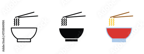 Noodles Bowl icon in EPS format on a clean white background, shown in stroke, solid, flat color, and shaded styles. Ideal for food, ramen, Asian cuisine, restaurant, and meal concepts.
