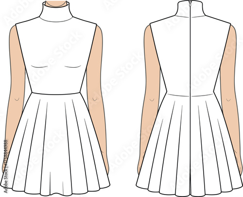 Sleeveless dress fashion illustration, high neckline, flared skirt, front and back view, zipper closure, garment design, vector sketch, clothing template