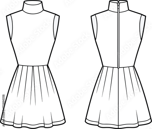 Sleeveless dress vector, fashion flat sketch, pleated skirt design, high neckline garment, front and back view, technical illustration for designers
