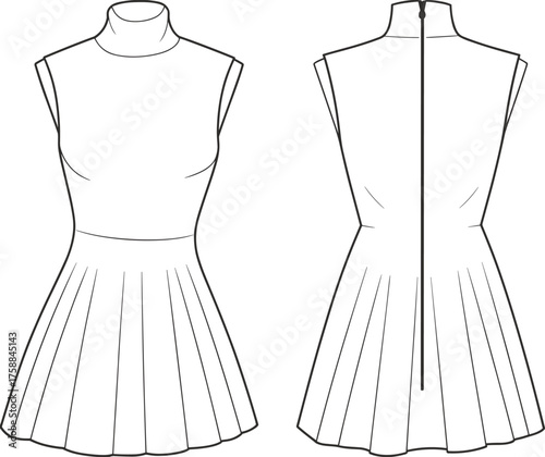Sleeveless dress fashion illustration, technical flat sketch, pleated skirt design, high neckline garment, front and back view, vector template for designers